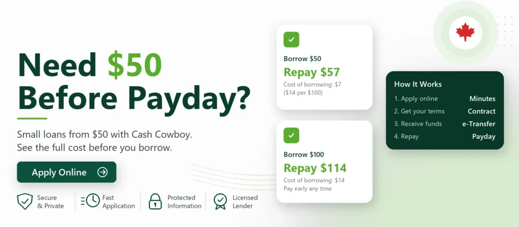 Borrow $50 in Canada: a $50 Cash Cowboy payday loan costs $7, repay $57