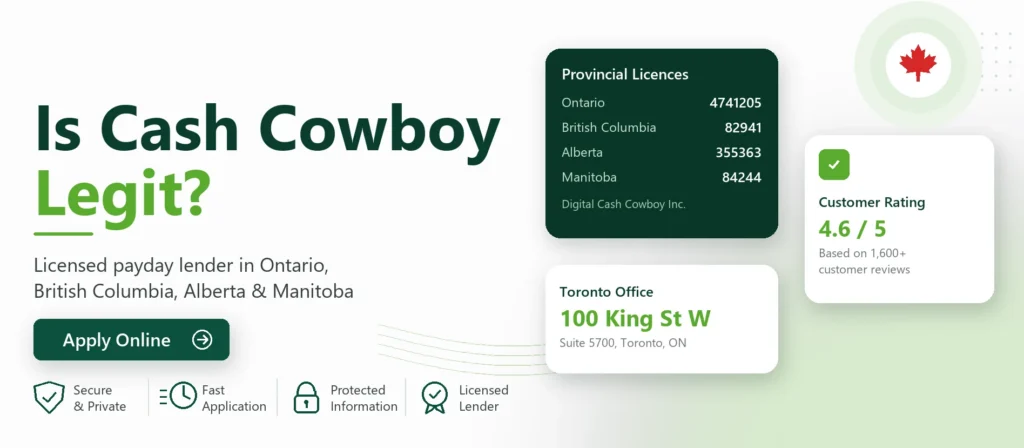 Is Cash Cowboy legit: provincial payday lender licences, 4.6 rating and Toronto office
